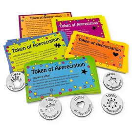 Trainers Warehouse Big Set of Tokens & Cards - 5 Sets in 1 | Cards Include Poems | Blank on The Back | Total of 50 Cards (3.5”x2”) & 50 Tokens (1” Diameter) | Each Coin says "Token of Appreciation"