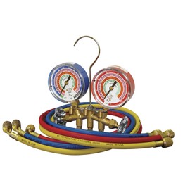 Mastercool 59136 2-Way Heavy Duty Brass Manifold Gauge Set with 3 1/8" Silicone-Dampened Gauges and 1/4" SAE Fittings for R410a, R22, R404A - U.S. Assembled & Tested with 36" Hoses