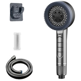 Duschkopf mit Schlauch, Hochdruck Duschkopf mit Massage-Silikon-Bürste, 4 Strahlarten Duschkopf Wassersparend mit Stoppfunktion, mit Handbrause Dusche für Hartes Wasser, Filter Shower Head