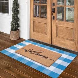 Fallovea Spring Welcome Door Mats Combo Set, 100% Coco Coir Doormat + 28" x 43" Blue and White Plaid Rug, Front Porch Entryway Decor Indoor Outdoor Floor Easter Mats
