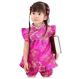 FANCYKIDS Girls Chinese New Years Traditional Qipao Cheongsam Dress Shorts Outfit Set (Dark Pink, 1-2 Years)