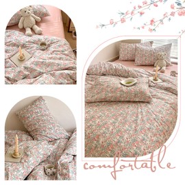 Duvet Cover Queen Pink Floral Bedding Set - Shabby Chic Boho Cotton Duvet Cover Set Queen Size - Breathable Comforter Cover with Zipper Ties,3 Piece Bed Set(1 Duvet Cover 90"x90" and 2 Pillow Shams)
