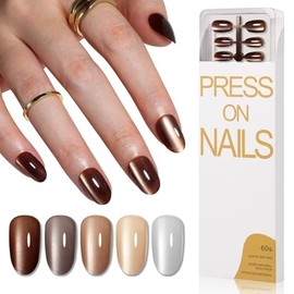 CUZIAM Brown Cat Eye Press on Nails Extra Short Oval, 5 Color Dark Brown Jelly Glassy Fall Autumn Fake False Nail Kit, 150pcs Glossy Natural Nude Pretty Full Cover Stick on DIY Nail Set for Women