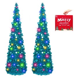 MACTING 2PCS Pop up Christmas Tree with Lights, 5FT Easy-Assembly Tinsel Tree, Coastal Glittery Artificial Collapsible Tree for Indoor Apartment Corner Holiday Party Winter Xmas Decorations (Blue)