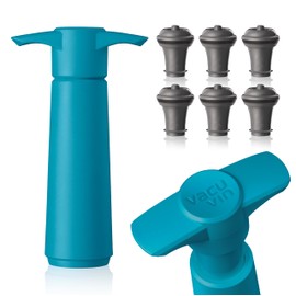 Vacu Vin Blue Pump with Wine Saver stoppers - Keeps wine fresh for up to 10 days (Blue 6 Stoppers)