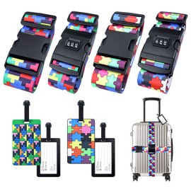 Hivia Set of 4 Luggage Straps with Combination Lock + 4 Luggage Tags with Address Label, 200 x 5 cm Suitcase Strap with TSA Lock Suitcase Strap Colourful Puzzle