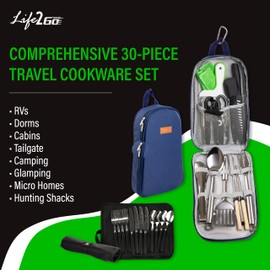 Life 2 Go 30 Pcs Camp Cooking Utensil Set & Outdoor Kitchen Gear Cookware Kit, Portable Compact Carry Case for Camping, Hiking, Travel, BBQ Grilling Stainless Steel Accessories Spoon & Fork, Navy