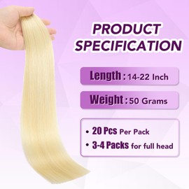 Sindra Tape-In Real Hair Extensions, Platinum Blonde Human Hair Extensions, 20 Pieces, 50 g, 35 cm, Invisible Blonde, Silky Straight, T#60, 14 Inches