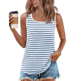 ZESICA Women's Summer Casual Striped Tank Top Sleeveless Scoop Neck Loose Fit Color Block Tops 2025 Fashion Clothes,Blue,X-Large