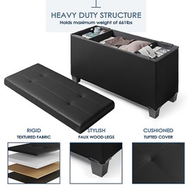 Nestl Storage Ottoman Bench with Storage Bins, 30-In Storage Bench for Bedroom End of Bed, Folding Foot Rest Ottoman with Storage for Living Room, Storage Chest Max 660lbs, Faux Leather Ottoman, Black