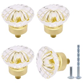 SWZHAI Crystal Cabinet Knobs 4 Pack, Brushed Gold Knobs for Dresser Drawers, Retro Round Flower Knob for Cupboard Wardrobe, Solid Alloy Decorative Drawer Knob