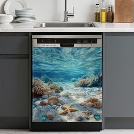 Washable Seashells Starfish Dishwasher Magnetic Cover for Kitchen Decor, Refrigerator Magnet Front Panel for Appliances,23 x 26 Inch