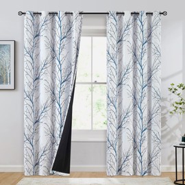 FMFUNCTEX 100% Blackout Curtains for Living Room Bedroom, Curtains 96 Inches Long Blue Grey Tree Branch Print Window Curtain Drapes, Thermal Insulated Farmhouse Curtains, Grommet Top 2 Panels