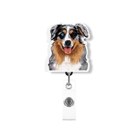 WIRESTER Retractable Badge Reel ID Holder with Alligator Clip for Office Worker, Medical Staffs, Nurse, Doctor, Teacher, Student - Cute Merle Aussie Australian Shepherd Dog