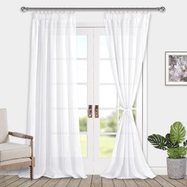 DWCN Voile Curtains with Ruffle Tape, Linen Look, 2 Pieces, Semi-Transparent Curtains for Living Room, Transparent Curtains, Extra Long, White, 260 x 140 cm (Height x Width)