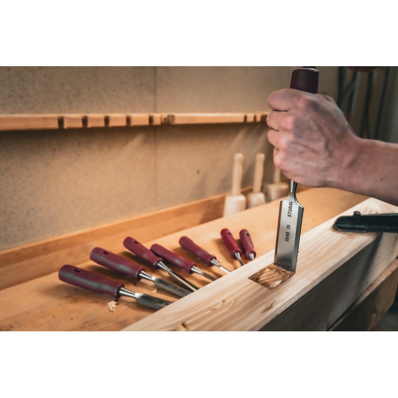 Stubai 354104 Wood Chisel Set with Plastic Handle, Silver/Red, 12-24