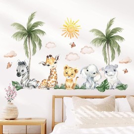 SHUCHING Jungle Animal Wall Sticker Peel and Stick, Self-Adhesive Vinyl Safari Wall Decal, Elephant Giraffe Wall Decor Art Home Decoration for Nursery Playroom Bedroom Classroom