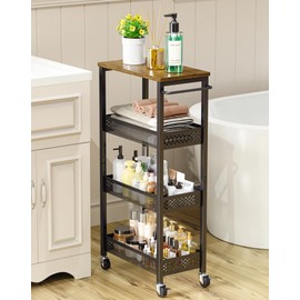 OKZEST Utility Slim Storage Cart, 4-Tier Narrow Bathroom Organizer and Storage Cart, Metal Narrow Kitchen Laundry Room Organization Rack with Wood Top, Slim Rolling Shelf with Wheels for Small Space