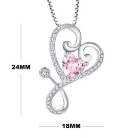 Aprila Women Necklace 925 Sterling Silver Heart Stethoscope Pendant Necklace with Cubic Zirconia October Birthstone Tourmaline Color Jewelry Medical Doctor Nurse Jewelry