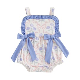BULINGNA Newborn Baby Girl Summer Outfit Sleeveless Bow Ruffle Decor Floral Bubble Romper Infant Jumpsuit (Blue, 3-6 Months)