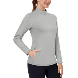 TACVASEN Women's Thermal Long Sleeve Shirts Mock Turtleneck Underwear Fleece Lined Workout Base Layer with Zipper Pockets Light Grey M