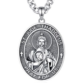 INFUSEU Saint Jude Necklace for Men St Jude Pendant San Judas Tadeo Curb Chain Catholic Medallions Christian Religious Gifts Women Protection Jewelry Guardian Angel Spiritual Amulet