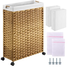 Greenstell Laundry Hamper with Wheels, 17.4 Gallon (66L) Slim Laundry Basket with 2 Removable Liner Bags & 2 Mesh Bags, Narrow Rattan Clothes Hamper for Bedroom, Laundry Room, Bathroom, Natural