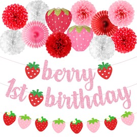 Kriyokiaa Berry First Birthday Decorations 14 Pcs Baby Shower Decorations with Berry 1st Birthday Banners Paper Lantern Paper Flower Pom Poms Perfect for Indoor & Outdoor Celebrations