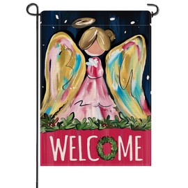 Artofy Welcome Christian Christmas Angel Small Decorative Garden Flag, Religious Xmas Holiday Yard Lawn Outside Decor, Winter Wreath Burlap Outdoor Home Decoration Double Sided 12 x 18