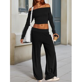 Fisoew Womens 2 Piece Sets Casual Off The Shoulder Long Sleeve Crop Tops Wide Leg Pants Tracksuit Lounge Travel Outfits