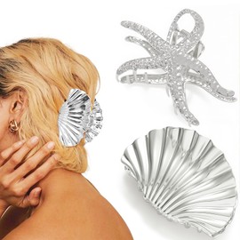 Silver Starfish Seashell Hair Claw Clips for Women – Beach Large Metal Hair Accessories for Summer, Bridal, Vacation & Everyday Use