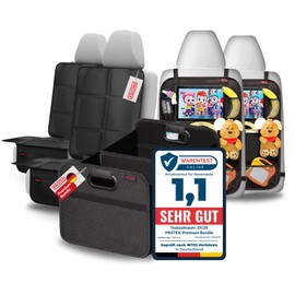 PROTEX Premium Car Accessory Set - 2 x Backrest Protector Organiser with Tablet Compartment, 2 x Child Seat Pad ISOFIX, 1 x Foldable Boot Bag - Car Organiser & Seat Protector for Children