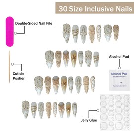 Almond Press on Nails Medium 3D Fake Nails Gold Curve Line False Nails with Jellyfish Sun Floral Designs White Glossy Glue on Nails Full Cover Summer Ocean Acrylic Nails for Women Girls 30Pcs