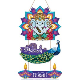 HPNIUB Happy Diwali Front Door Wood Signs, Diwali Party Games Wall Decor, Lotus Hangings Decoration Indian Sacred Elephant Wooden Plaque Festival Decorations for Home Housewarming Indian Garland
