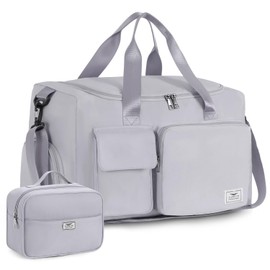 FIORETTO Womens Mens Sports Gym Bag Duffle Bag with Shoes Compartment, Weekend Travel Bag Overnight Bag for Women, Foldable Water Resistant Holdall Hospital for Swimming with Toiletry Bag Grey