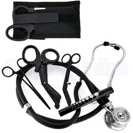 Tactical Black - Military Stethoscopes and First Responder EMT Holster Includes - Tactical Black Trauma Shears, Penlight, Tweezer, Hemostat and Bandage Scissors - Ideal for Nurse and First Responders