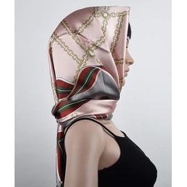 corciova 35 x 35 Women Silk Square Hair Scarf Silver Pink Geometric Chains Curly Headband Sleeping Fashion Bandana Headscarf
