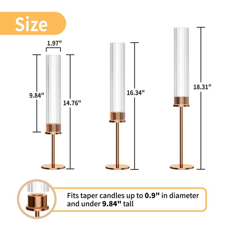 Gold Hurricane Candle Holders for Candlesticks, Set of 3, Tall