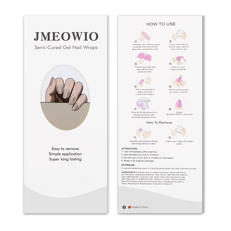 JMEOWIO Pearlescent Semi Cured Gel Strips Wraps Nail Art Sticker