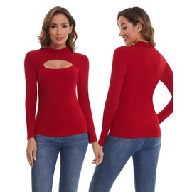 SHAPERIN Women's Mock Neck Long Sleeve Tops Cutout Front Sexy T Shirts Layer Tunic Tee (Medium,Red)