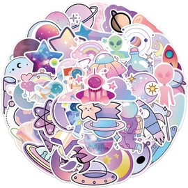 Cute Space Stickers, Purple Pink Planet Stickers, 50PCS Hapiuen Vinyl Waterproof Astronaut Funny Stickers for Water Bottle Laptop, Party Supplies