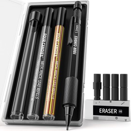 Four Candies 1.3mm Mechanical Pencil Set with 24 Lead Refills, Metal Weatherproof Heavy Duty Outdoor Carpenter Pencil, Eraser, 6 Eraser Refills for Architect Drafting Woodworking Marking with Case