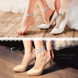 Kucheed Pack of 2 Sparkling Diamond Anklets for Women, Elastic Crystal Silver Tone Sparkling Charm Foot Jewellery Bangle, Bling Shiny Rhinestone Bridal Tennis Bracelet Gift