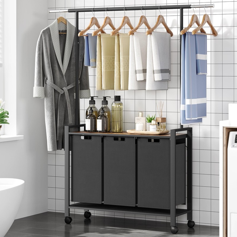 Laundry Sorter 3 Section With Extendable Hanging Bar, Heavy Duty