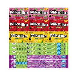 Variety Pack Candy Mix Mike and Ike & Taffy Ropes - 3 Each of 5 Flavors - Sour Watermelon, Cherry, Sour Lemon, Sour Apple, Grape - Individually Wrapped Candies for Parties & Snacking