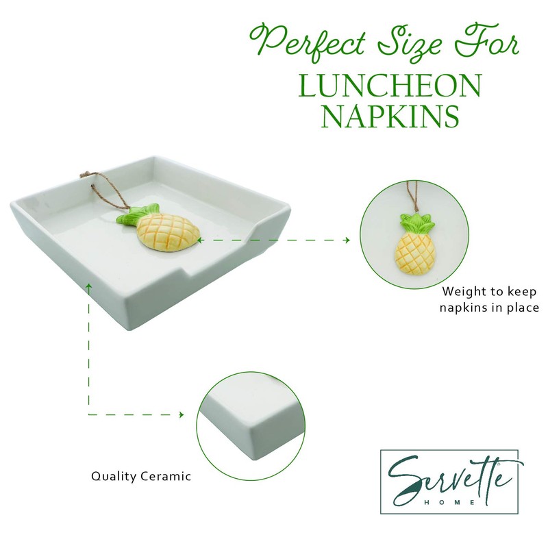 White Ceramic Lunch Napkin Holder with Roped Weight - Pineapple