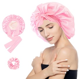 Ainvliya Silk Bonnet, Satin Bonnet, Silk Sleep Bonnets for Women, Hair Bonnet, Hair Bonnet with Tie Band, Adjustable Satin Night Sleeping Cap, Nightcap Bonnet for Curly Hair for Women Pink