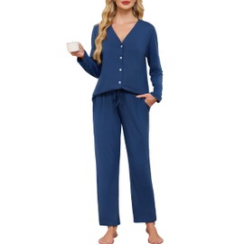 Wikoan Women's Pyjamas Set Cotton Long Sleeve Two Piece Pj's Sets Soft Top and Pants Sleepwear for Ladies with Pockets Dry Blue,M