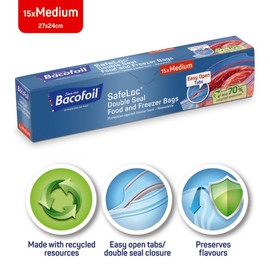 45 x Double Seal Food Storage and Freezer Bags with Easy Open Tabs, Extra Thick Film, Prevent Leaks and Freezer Burn, Reusable and Resealable, BPA Free - (3 x 15 Bags) Size - MEDIUM