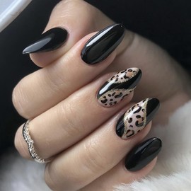 24Pcs Medium Press on Nails Almond Shape Fake Nails Glossy Black False Nail Tips with Leopard Design Acrylic Nails Reusable Stick on Nails Full Cover Glue on Nails for Women Manicure Decoration